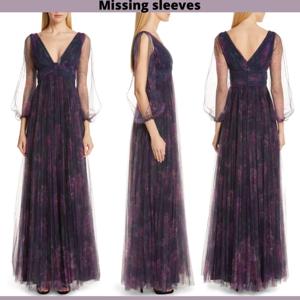 $895 Marchesa Notte V-Neck Floral Tulle‎ Evening Gown Blue/Purple [SZ 4 ]